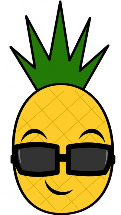 Smiling pineapple character with eyebrows and dark glasses.